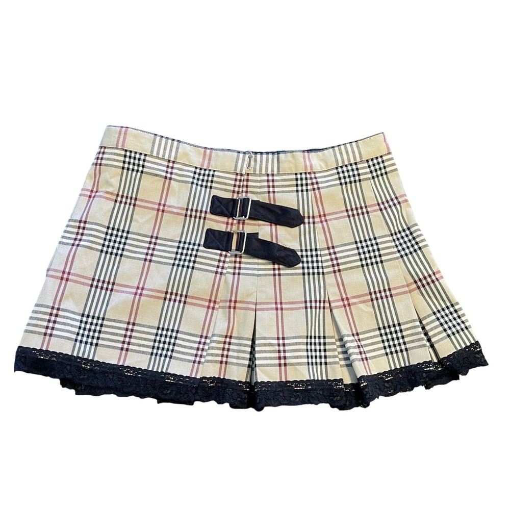 Rampage Vintage Y2K‎ Plaid Pleated Mini Skirt Lace Trim Buckle Tan Junior Size 3